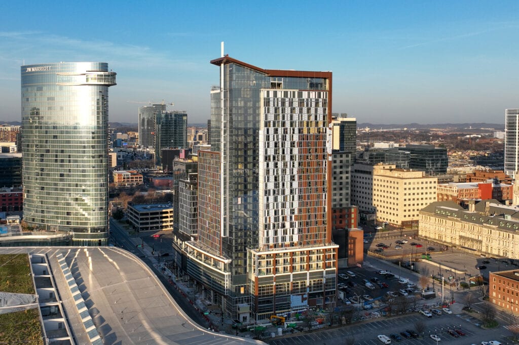 Carefully timed and composed drone photo of 1 Hotel Nashville