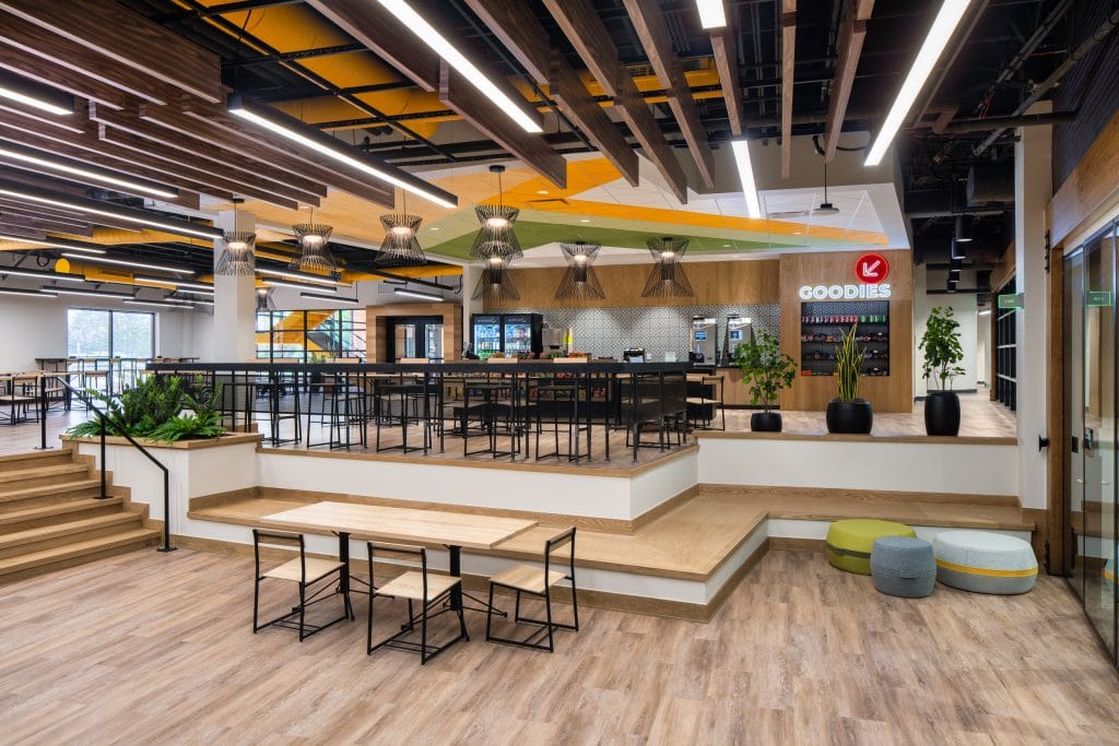 Modern workspace design featuring a self-serve food kiosk captured by commercial architectural photographer Jordan Powers in Nashville.