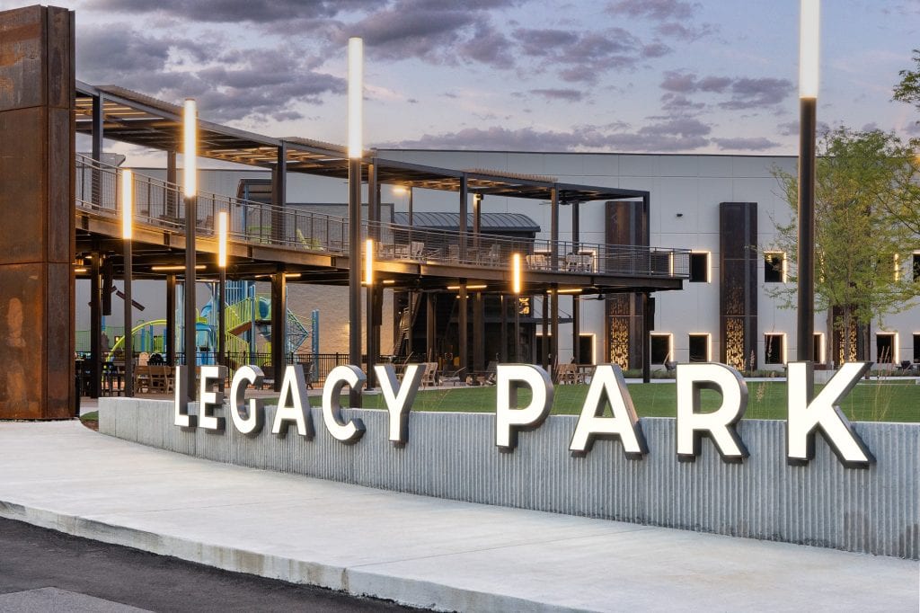 Evening signage for Legacy Park in Hendersonville, TN